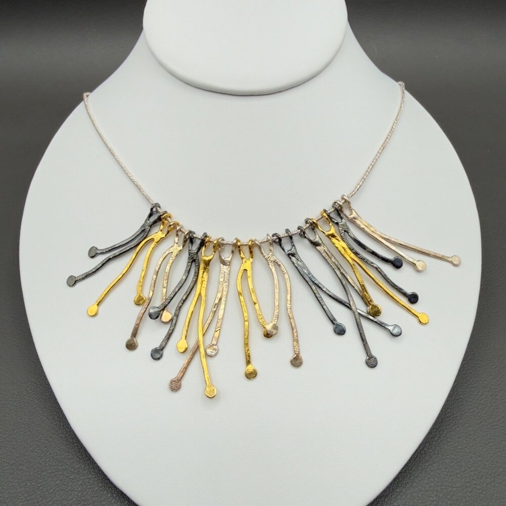 Vintage Sterling Silver Tri Color Modernist Necklace Statement Israel 17” Long